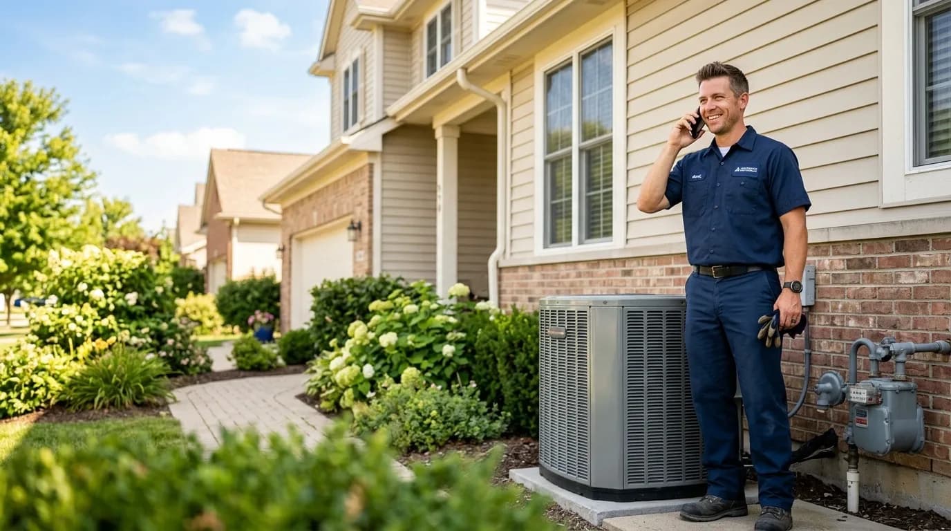 Ein freundlicher Heizungs-, Lüftungs- und Klimatechniker nimmt einen Serviceanruf auf seinem Telefon entgegen, während er an einem hellen Sommertag neben einer Klimaanlage vor einem Einfamilienhaus in einem Vorort steht