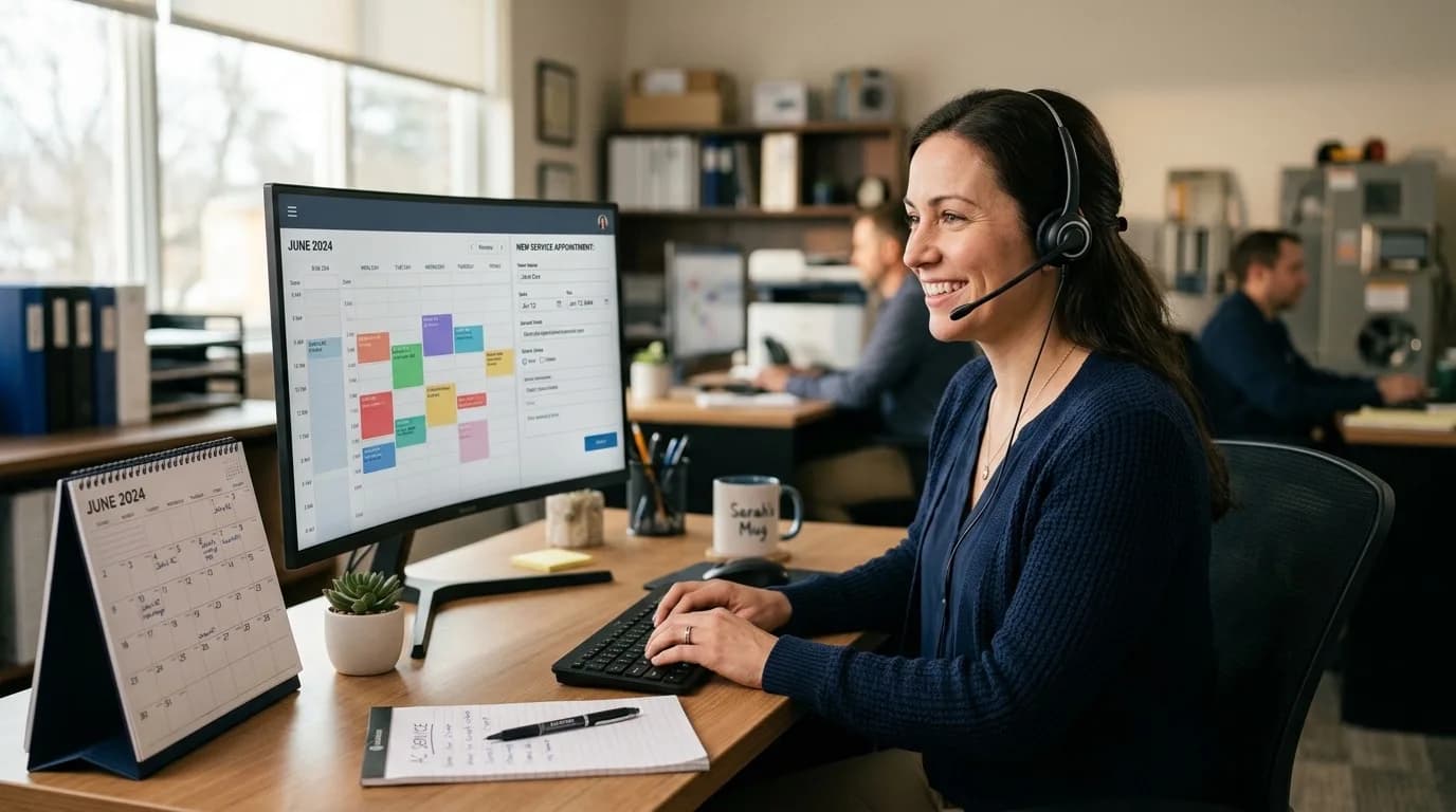 Ein Disponent mit Headset lächelt, während er einen Servicetermin in einer Planungssoftware an einem Schreibtisch in einem kleinen HLK-Büro bucht.