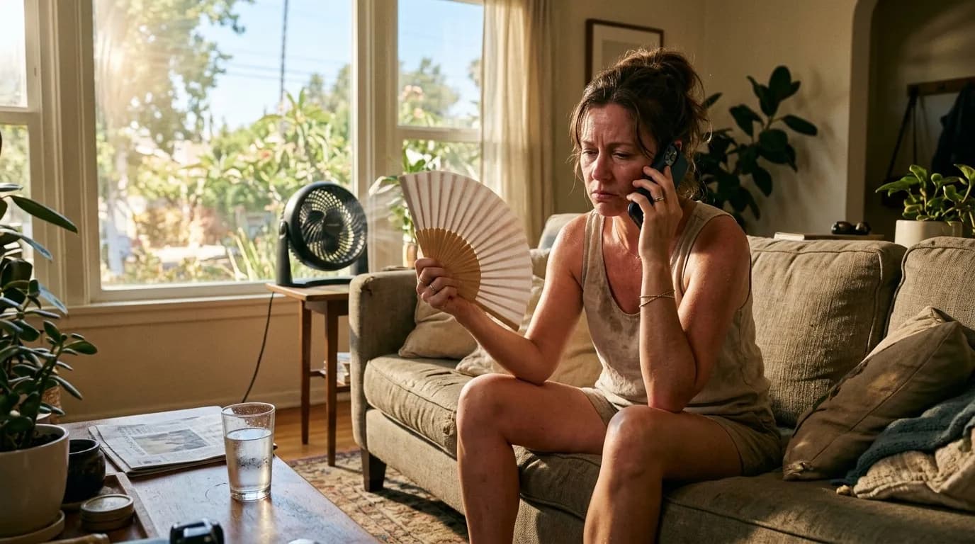 Eine Hausbesitzerin sitzt an einem heißen Sommertag auf einem Sofa in einem warmen Wohnzimmer, fächelt sich Luft zu und hält ein Telefon ans Ohr, während der Anruf unbeantwortet bleibt.