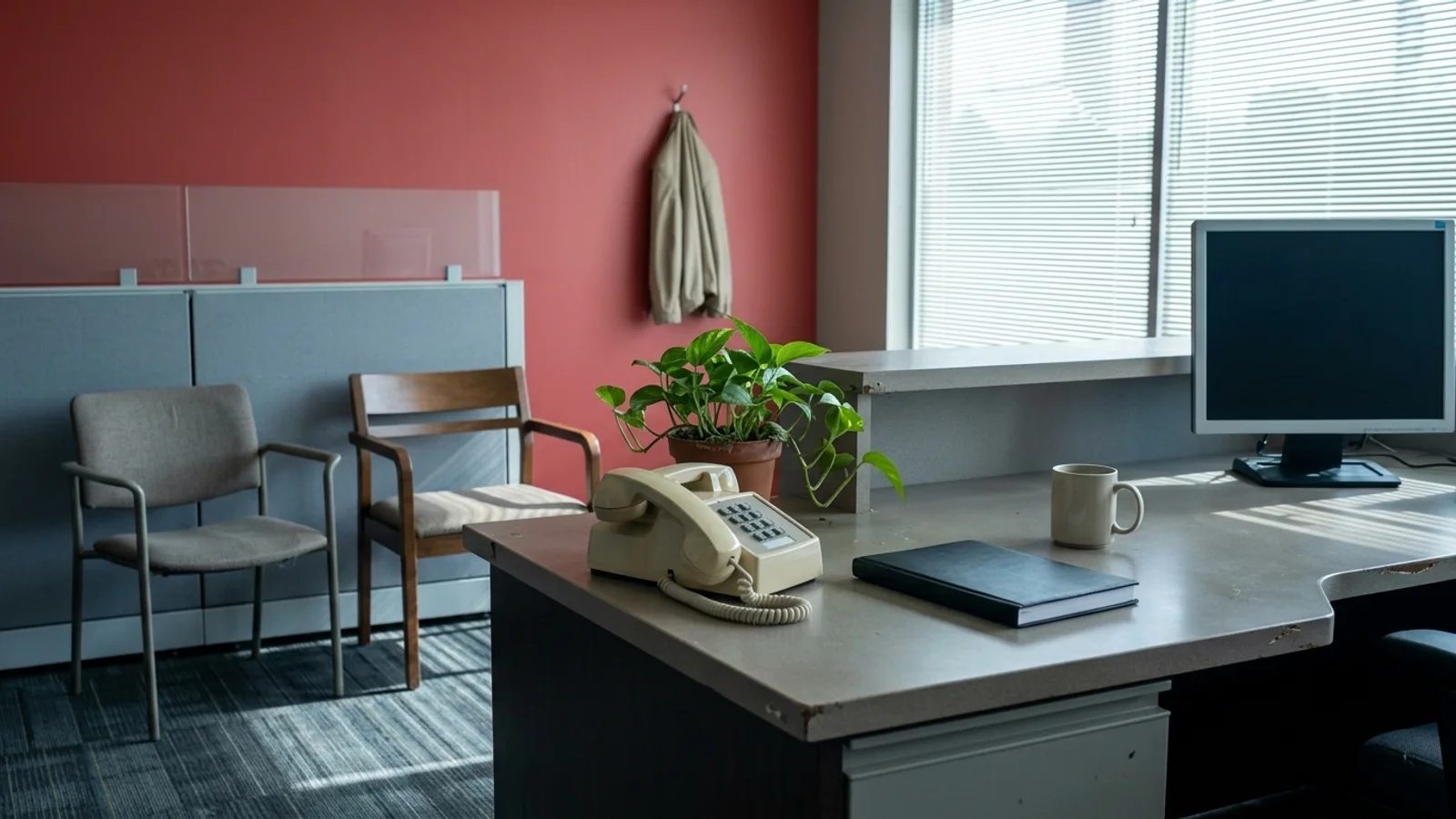 The front desk of a small independent insurance agency in the morning, with a desk phone, an appointment book, a potted plant, two client chairs and sunlight through window blinds