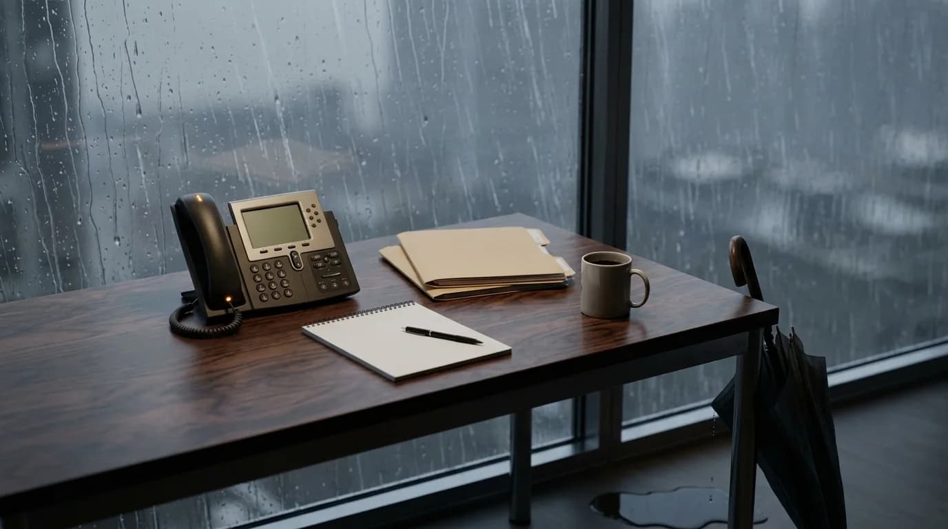 An insurance agent's desk at the end of a stormy day, with rain on the window, a desk phone with a small glowing light, folders, a notepad and a wet umbrella