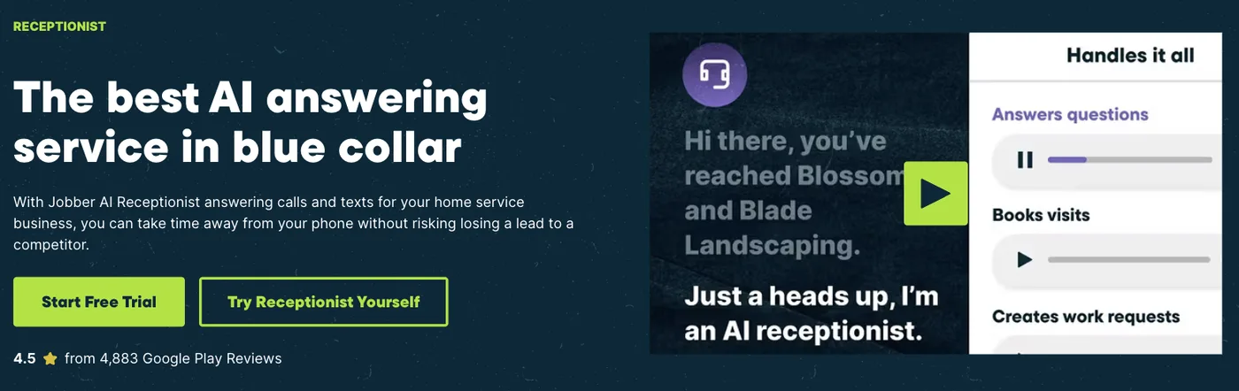 Jobber's AI Receptionist page, headlined 'The best AI answering service in blue collar', with an audio player showing the agent saying 'Hi there, you've reached Blossom and Blade Landscaping. Just a heads up, I'm an AI receptionist.'
