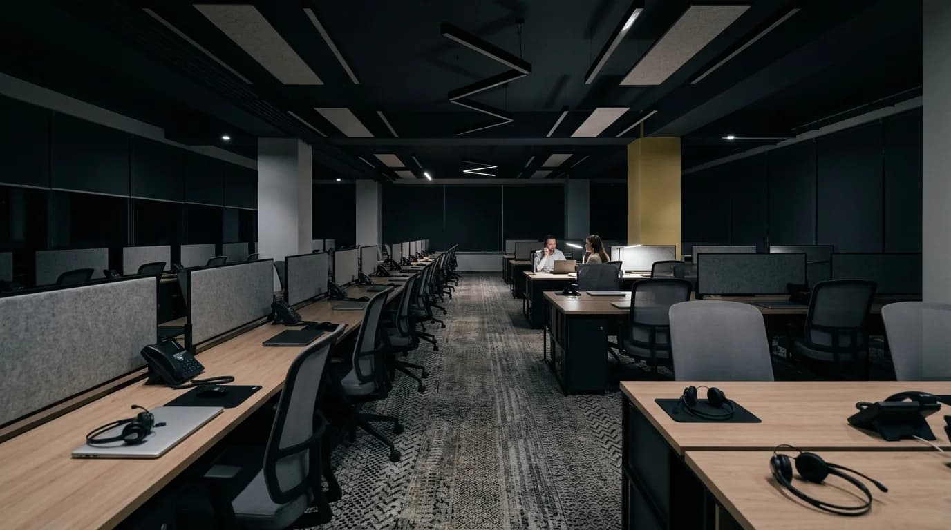 An answering-service floor in the middle of the night, with long rows of empty desks and headsets resting on them, and two operators working far away at the back