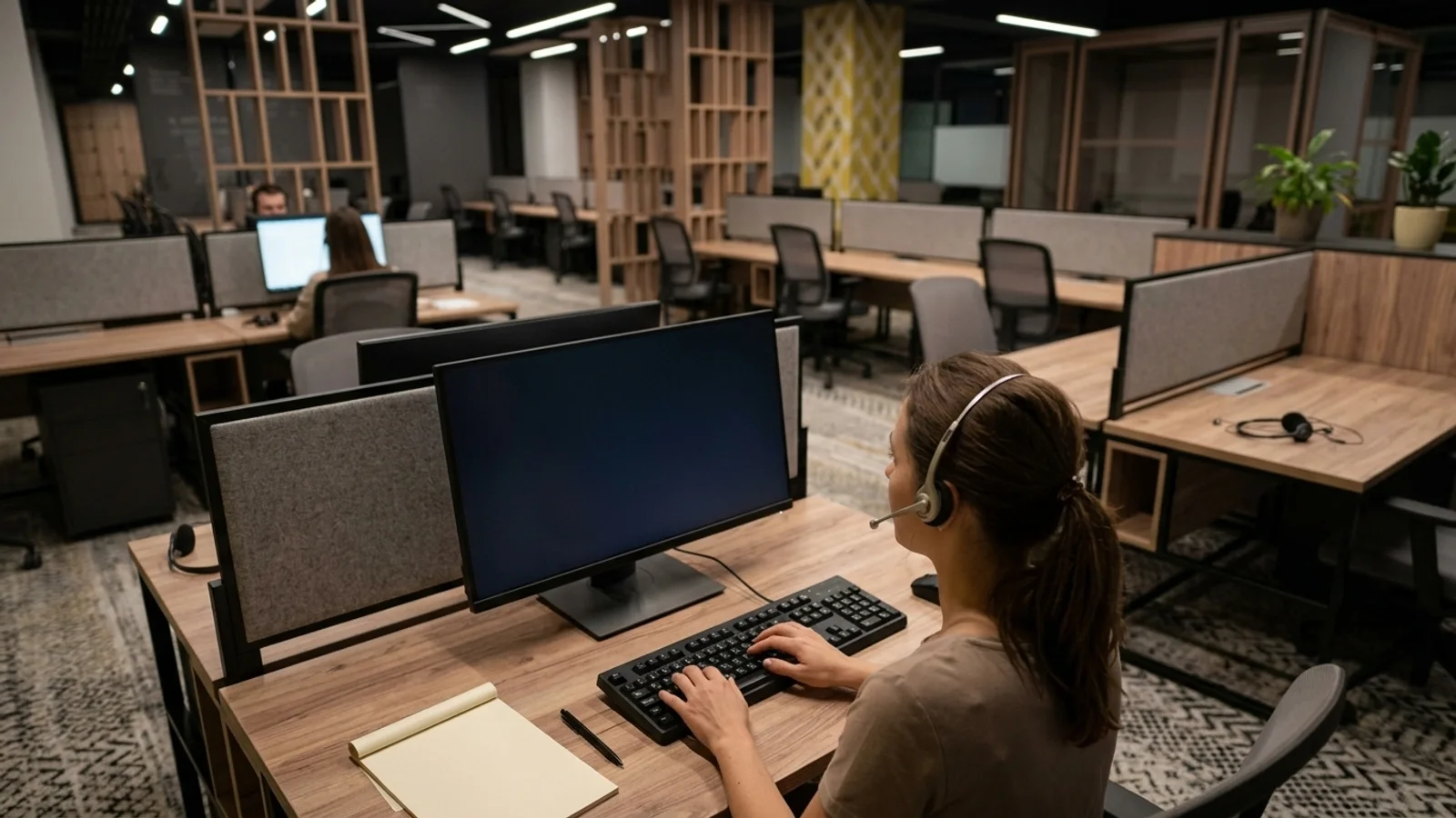 An answering-service operator in a headset typing a message at her workstation in the evening, with rows of mostly empty desks and dimmed lights behind her