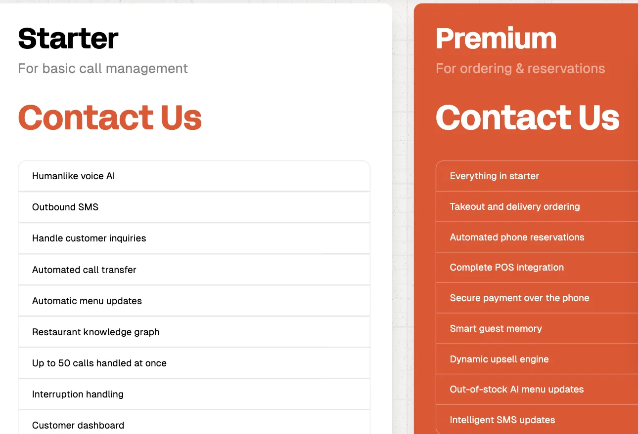 Loman's pricing page showing two tiers - Starter, for basic call management, and Premium, for ordering and reservations - both priced 'Contact Us', with the Premium feature list including complete POS integration, secure payment over the phone and out-of-stock AI menu updates