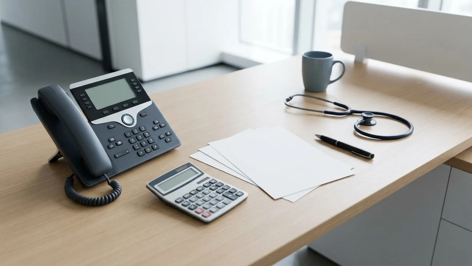 A practice manager's desk seen from above: a desk phone, a calculator, a fan of blank printed sheets, a stethoscope, a pen and a mug of coffee in morning light