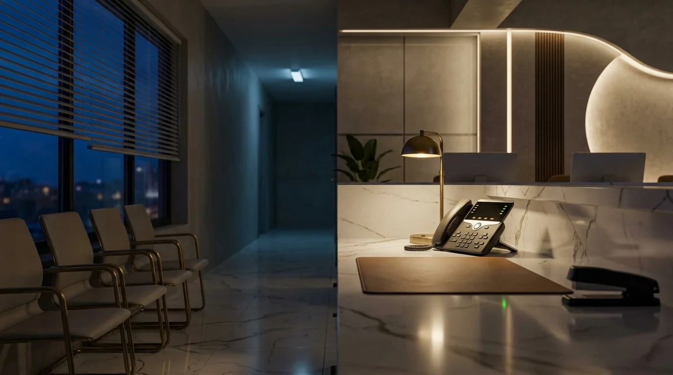 A clinic reception at night after closing, lit by a single desk lamp, with a desk phone on the marble counter and an empty row of waiting chairs along the window