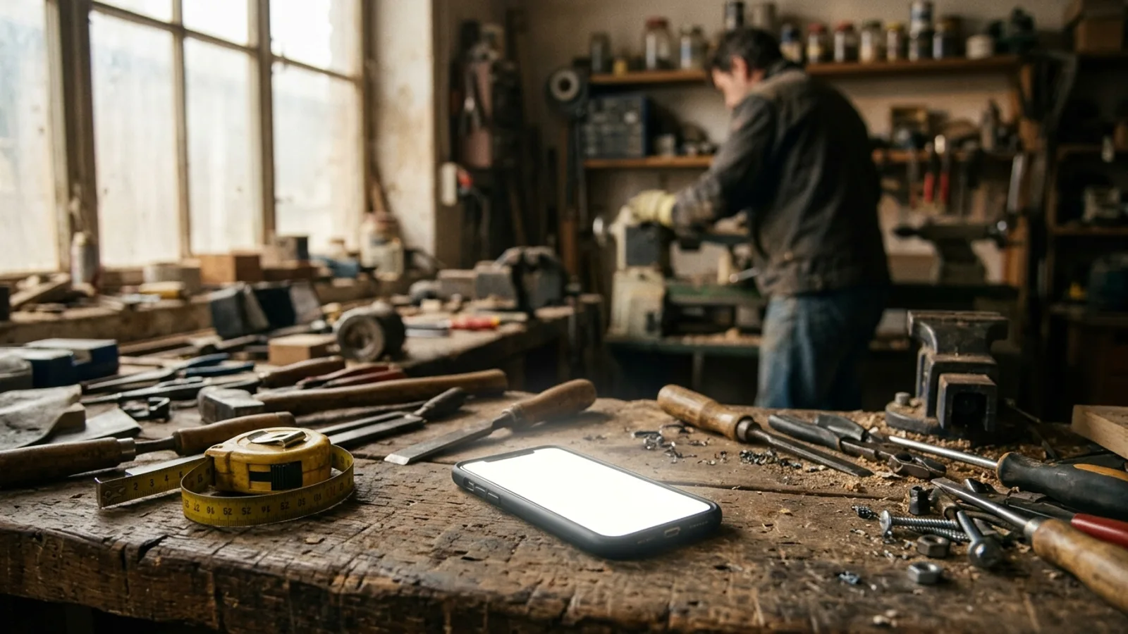 A phone lying face-up and lit on a cluttered workshop bench among hand tools, its owner working several feet away at a machine and out of reach