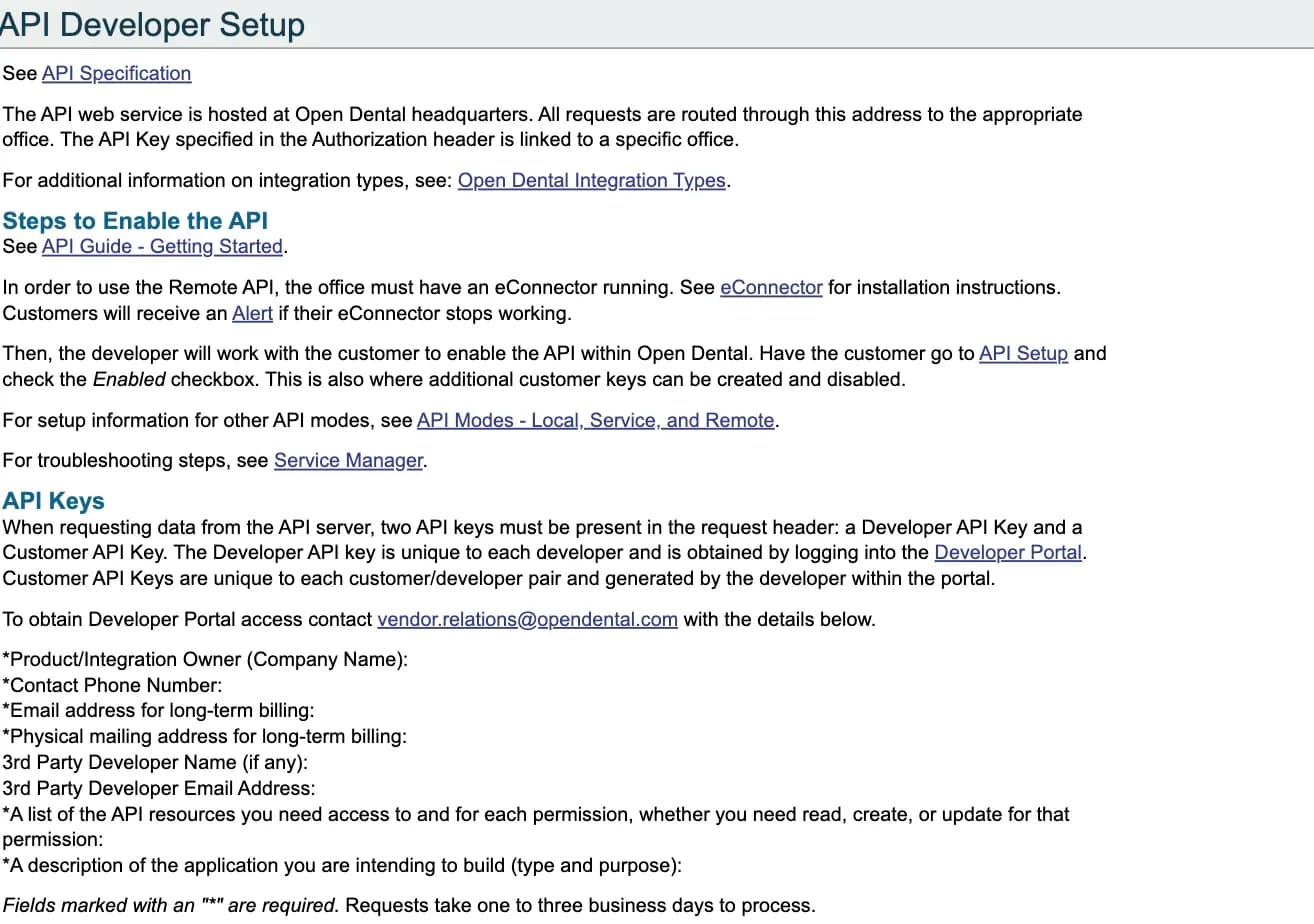Open Dental's API Developer Setup documentation page, showing the eConnector requirement, the two-key model with a Developer API Key and Customer API Key, and the list of details a vendor must email to vendor relations including a billing address