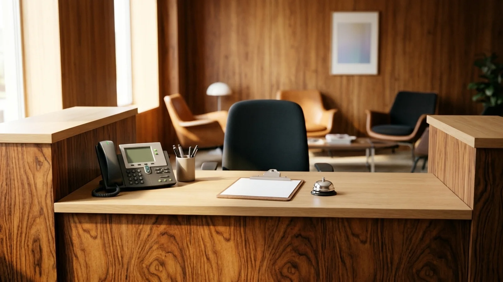 The front desk of a small professional office in daylight, with an empty receptionist chair pushed in, a desk phone, a pen cup, a visitor sign-in clipboard and a service bell on the counter, and empty waiting-room chairs behind