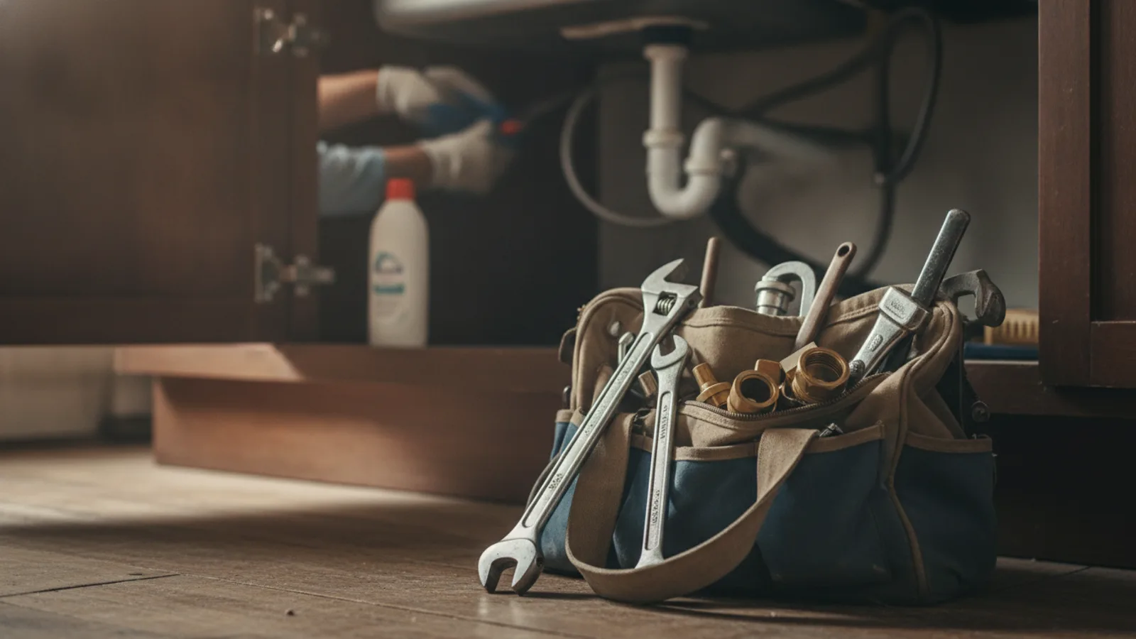 Eine Werkzeugtasche eines Klempners mit Schraubenschlüsseln und Messingarmaturen neben einem Küchenspülenschrank, während ein Techniker im Hintergrund arbeitet