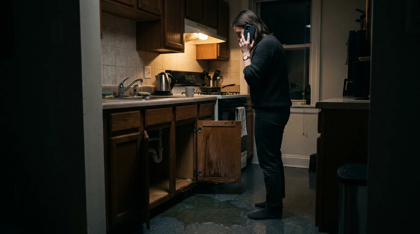 A resident standing in a dim apartment kitchen at night on the phone, looking down at water pooling beneath an open sink cabinet