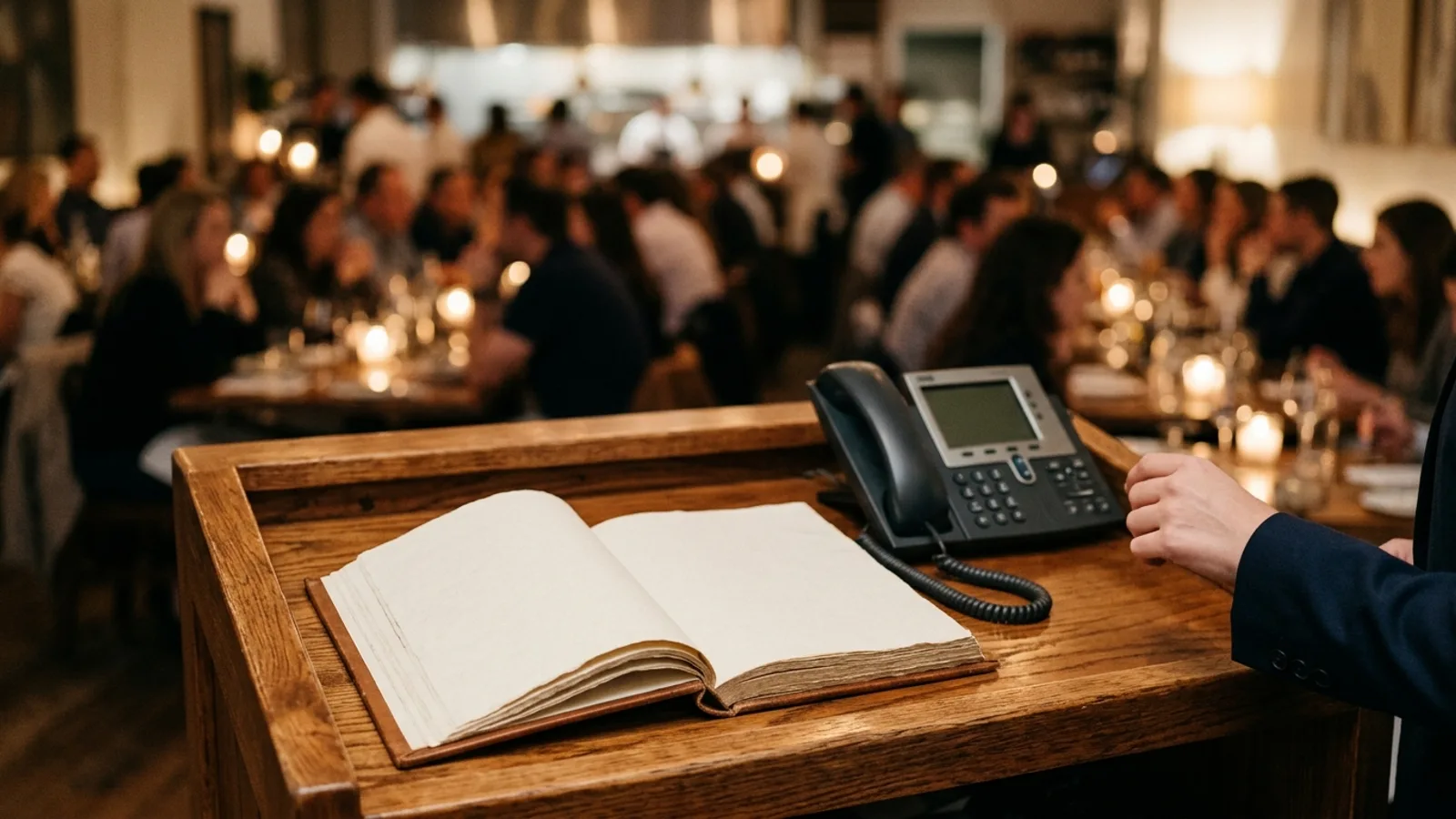 A restaurant host stand during a busy evening service with a ringing phone beside a reservation book, the dining room full and blurred behind it