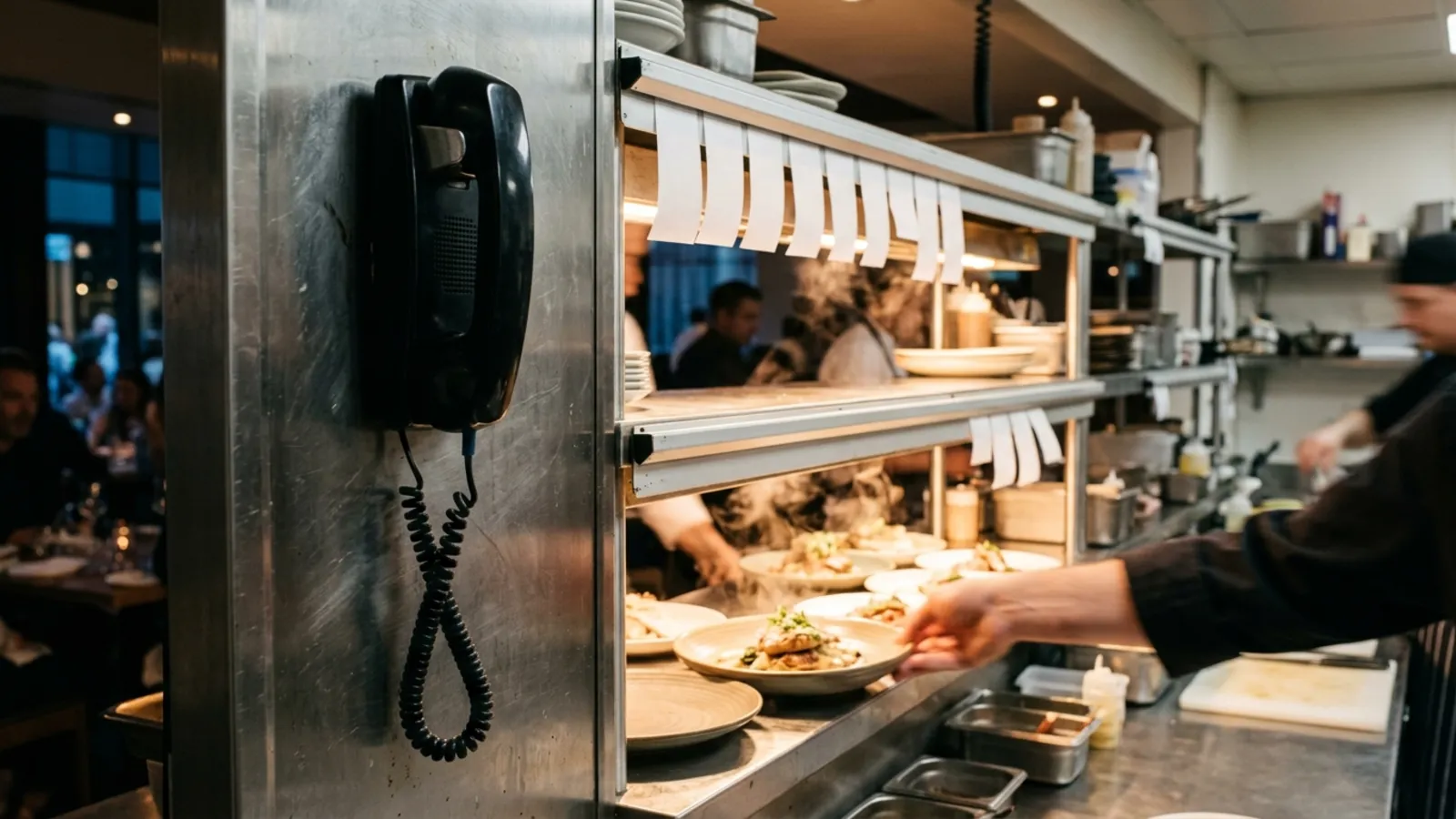 A restaurant pass during service, with a ticket rail, steam and plated dishes, and in the foreground a corded phone handset hanging off the hook against the stainless steel