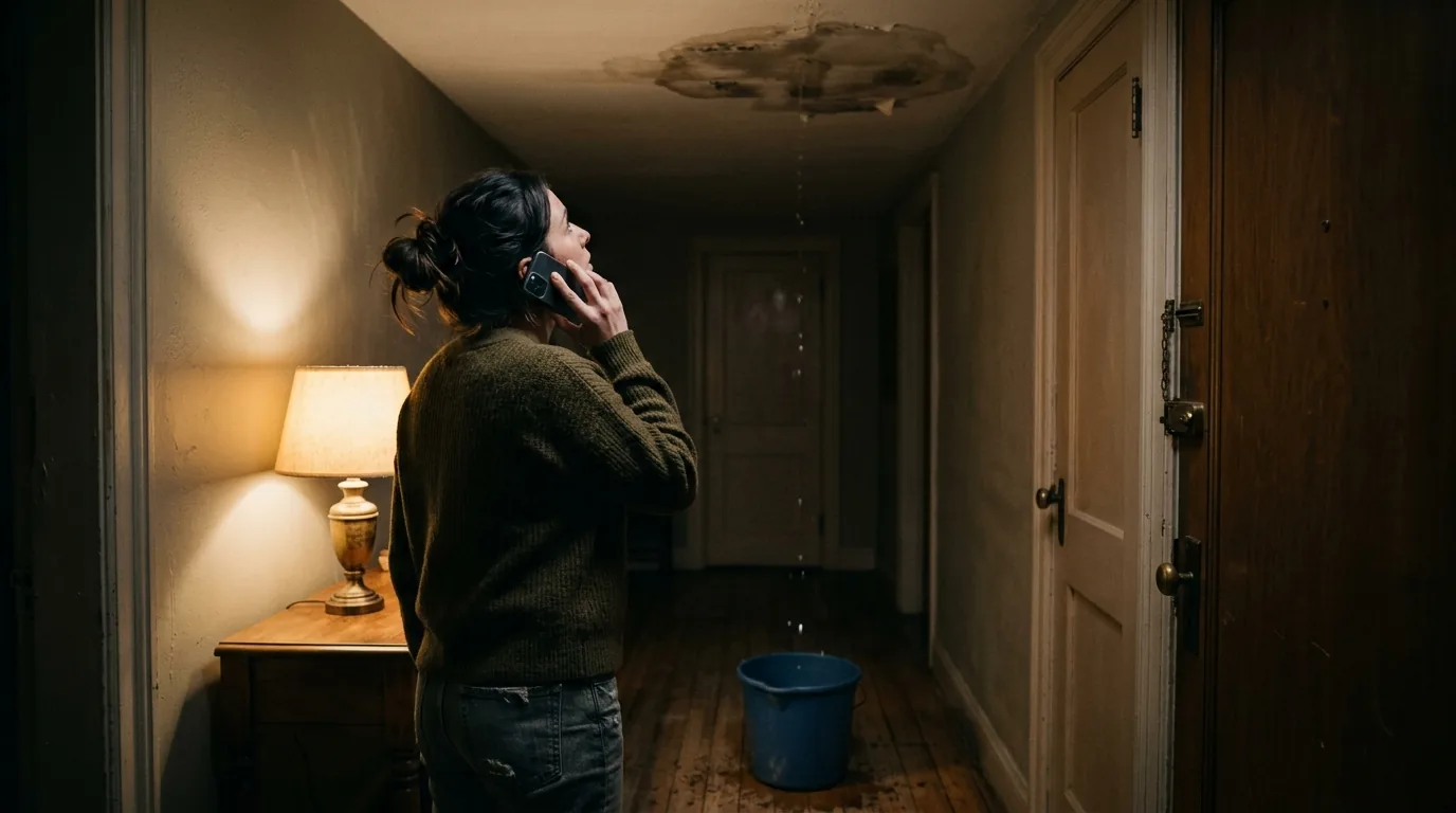 A homeowner standing in a dim hallway at night, phone to her ear, looking up at a spreading water stain on the ceiling with a bucket catching drips below