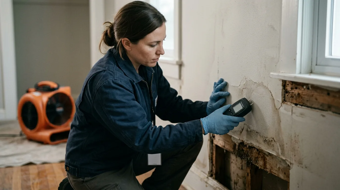A restoration technician kneeling with a handheld moisture meter pressed against damp drywall above a removed baseboard, gloved hands, an air mover running in the background