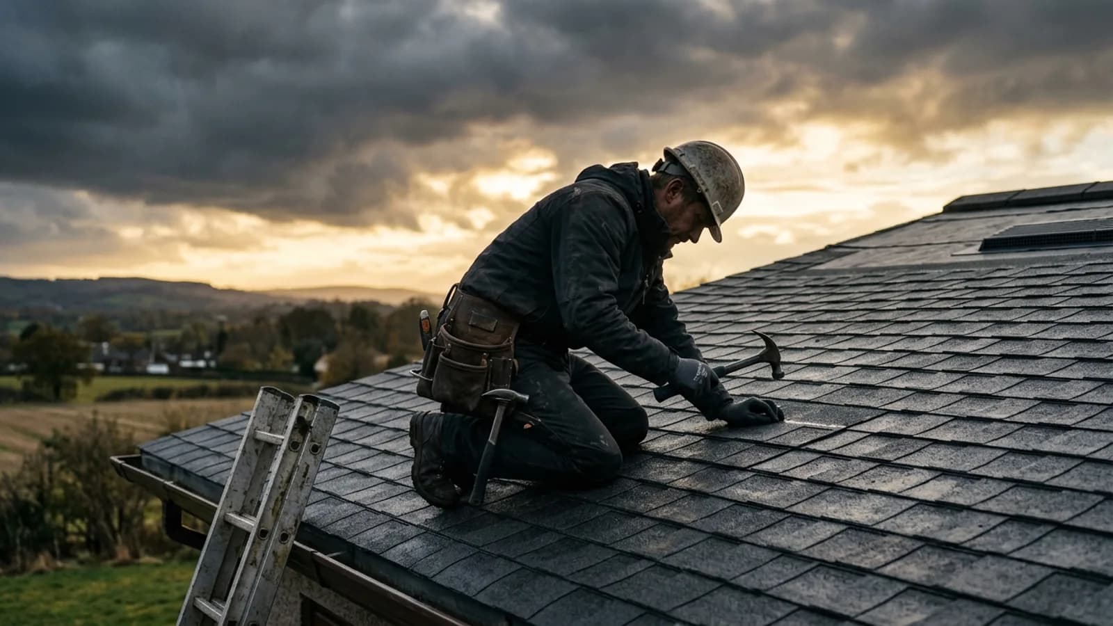 Ein Dachdecker kniet auf einem Bitumenschindeldach vor einem sich aufklarenden Sturmhimmel, Hammer in der Hand, Leiter am Dachrand
