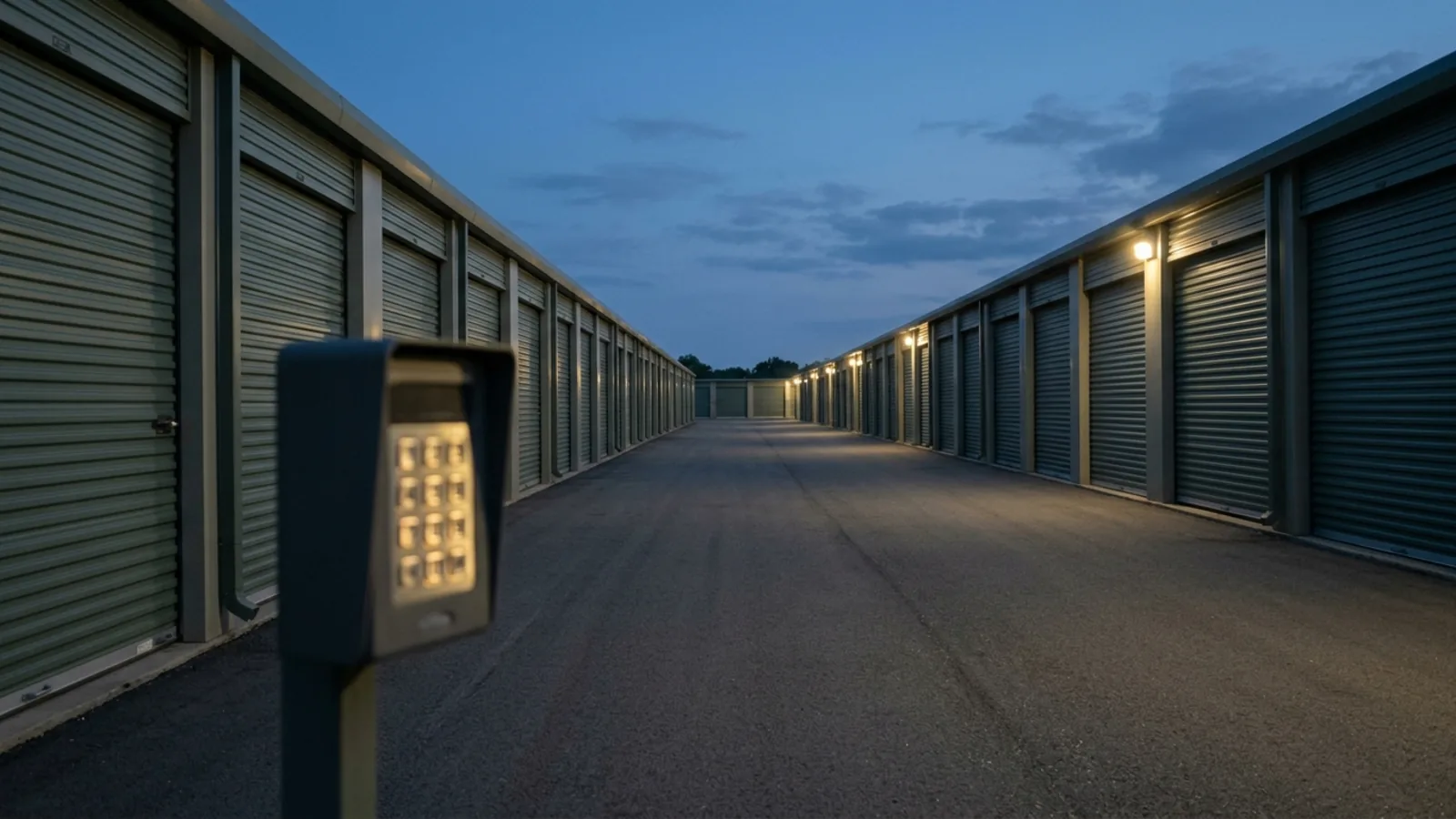 A self storage facility drive aisle at dusk, rows of closed roll-up doors receding into the distance with a keypad access pedestal in the foreground and no staff on site