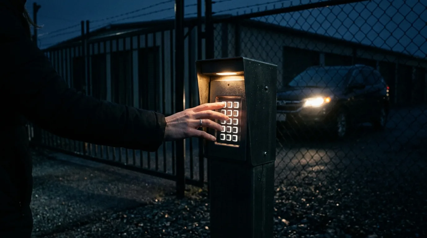 A hand reaching toward an illuminated keypad access pedestal at a storage facility gate after dark, headlights of a waiting vehicle blurred behind the fence