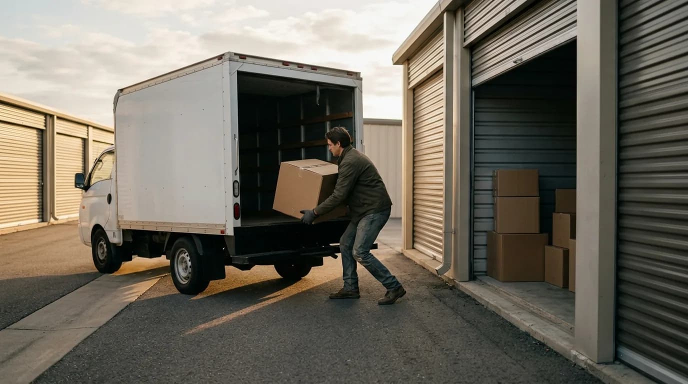 A person lifting a cardboard box out of a small rented moving truck parked in front of an open storage unit, boxes already stacked inside, late afternoon light on the drive aisle