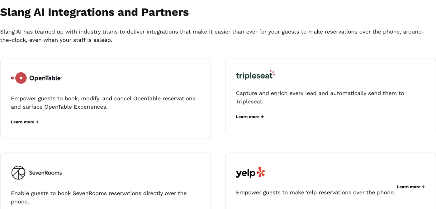 Slang AI's integrations and partners page, showing four integrations - OpenTable, Tripleseat, SevenRooms and Yelp - all reservation and event platforms, with no point-of-sale system listed