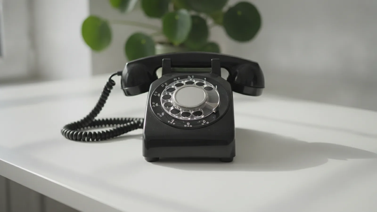 Ein klassisches schwarzes Wählscheiben-Telefon auf einem sauberen weißen Schreibtisch - der Telefonservice, damals und heute