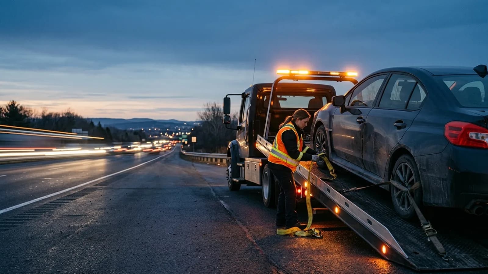 A flatbed tow truck with amber lights on at dusk on a highway shoulder, operator securing a sedan onto the bed