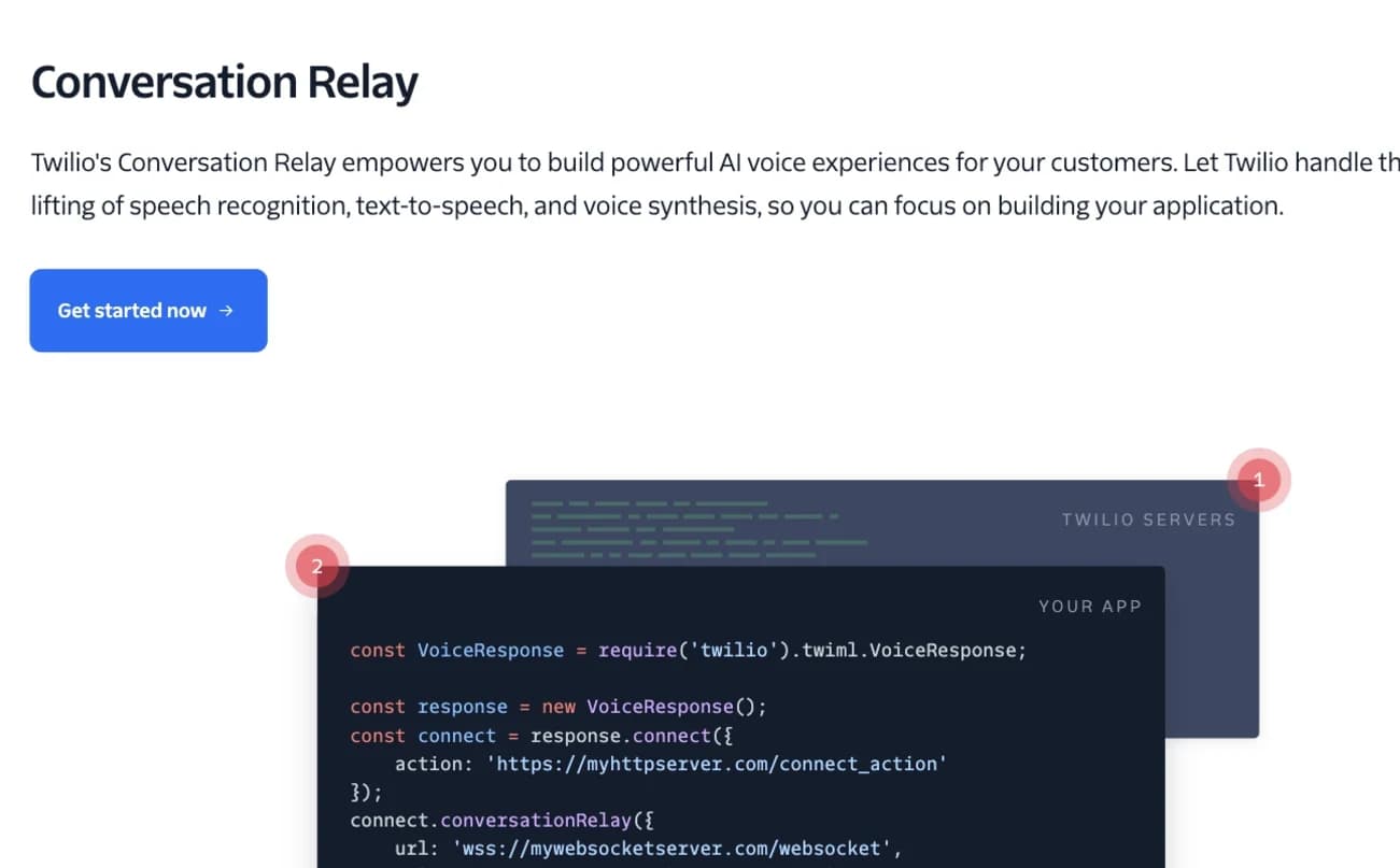 Twilio's Conversation Relay documentation page, showing the product description and a code sample split between a panel labelled Twilio Servers and a panel labelled Your App