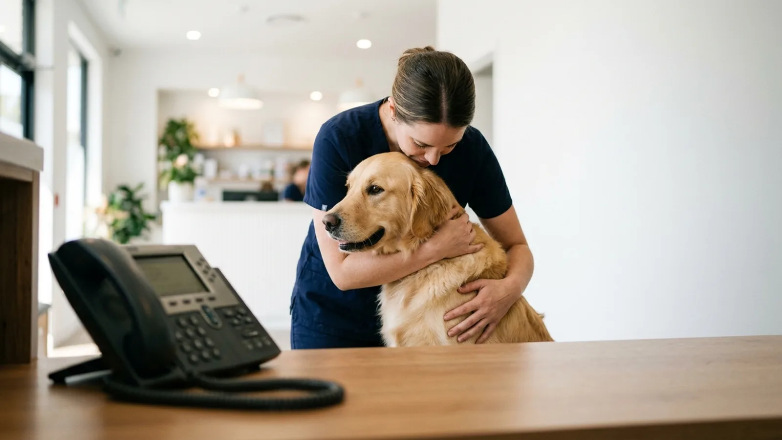 Eine tiermedizinische Fachkraft hält sanft einen Golden Retriever an einem Empfangstresen einer Klinik, während im Vordergrund das Telefon klingelt