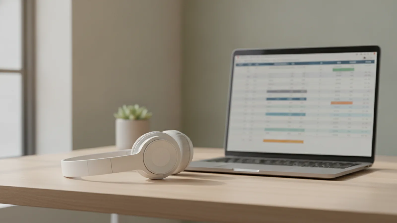 Ein kabelloses Headset liegt auf einem Schreibtisch neben einem Laptop, der eine unscharfe Preiskalkulationstabelle zeigt - Vergleich von Plänen für virtuelle Rezeptionisten