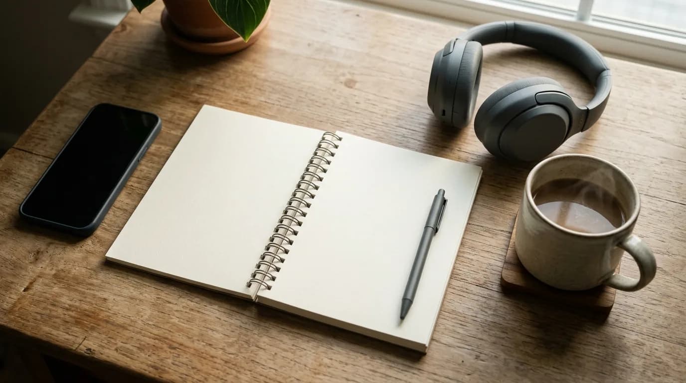 A desk from above with a phone lying face down beside an open blank notebook and pen, headphones and a cup of coffee in morning light