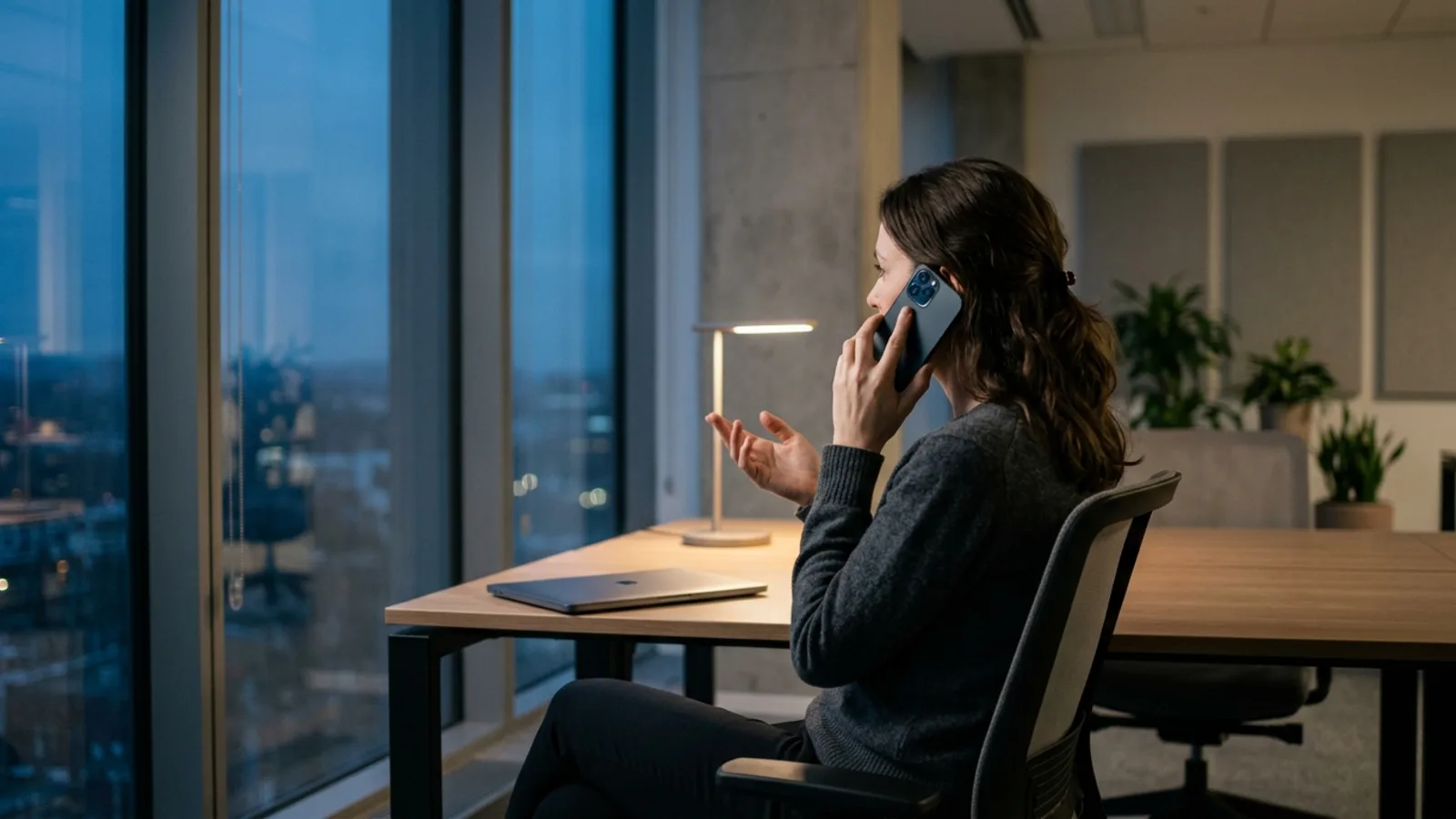 A person sitting alone in a quiet office at dusk holding a phone to their ear mid-sentence, one hand raised as if interrupting the other speaker