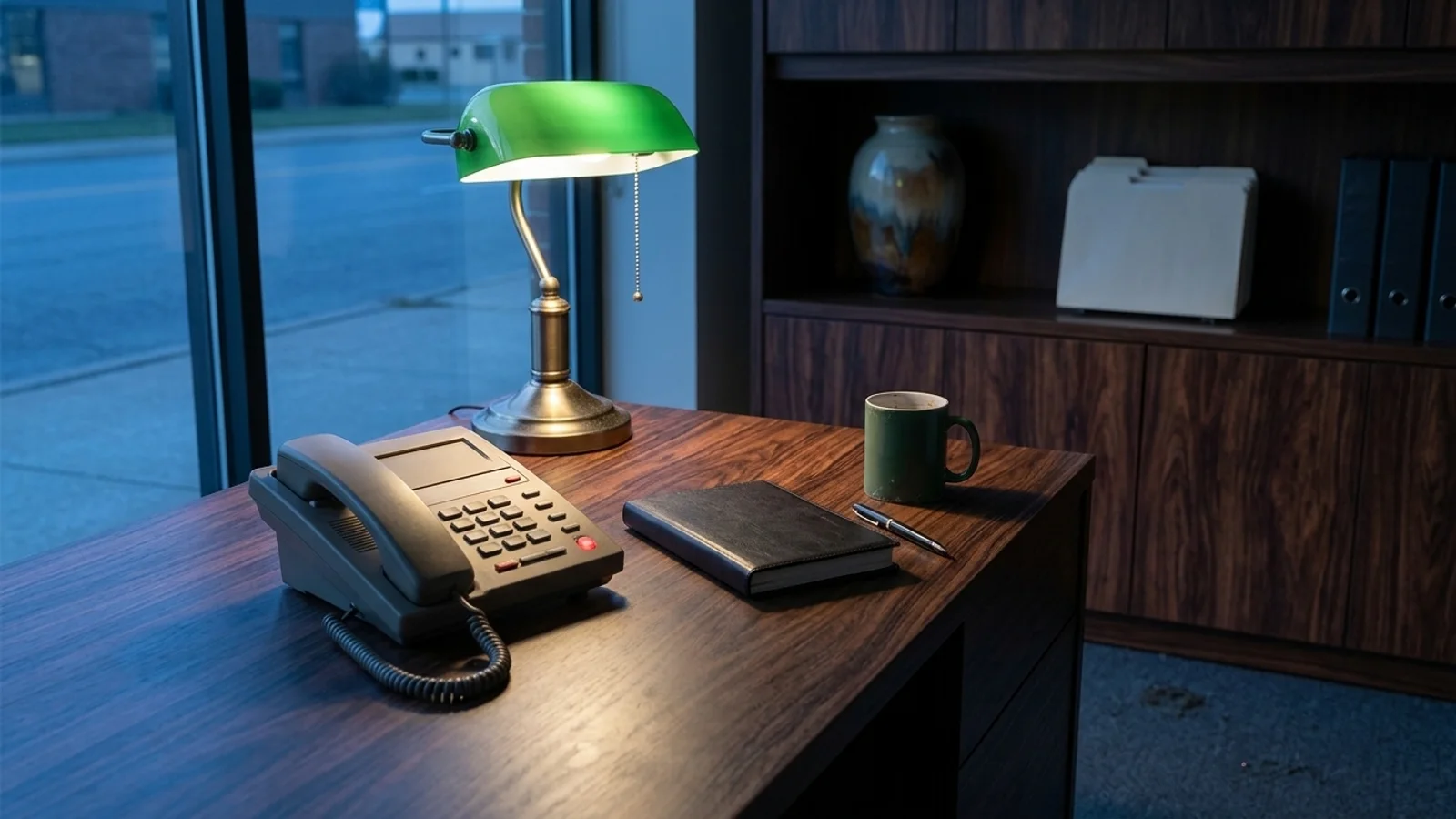 A small office reception desk after closing time, lit by a desk lamp and blue evening light from the window, with a desk phone in its cradle and a small red message light glowing next to a closed notebook, a pen and a coffee mug