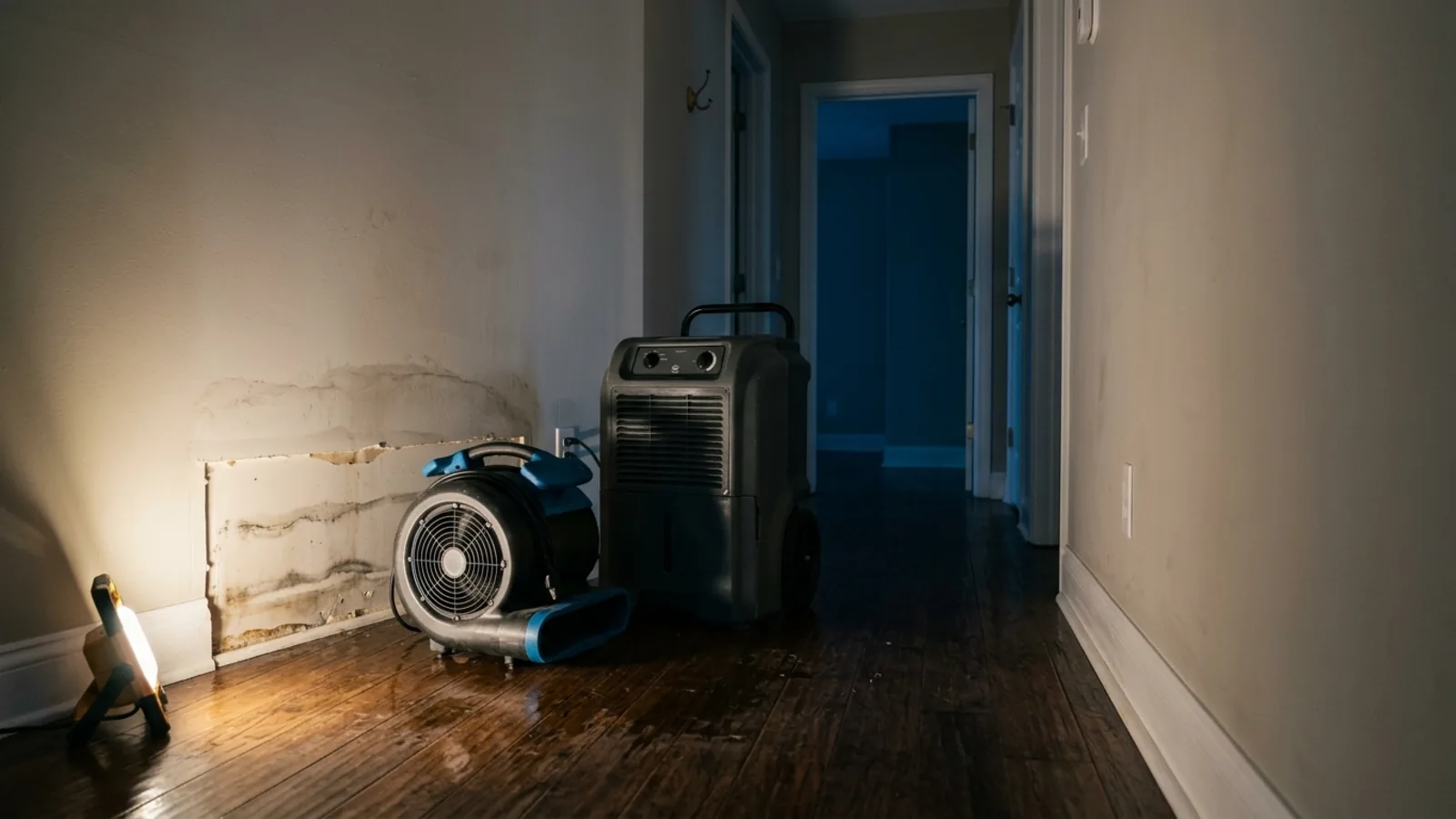 A residential hallway at night during a water loss - air mover and dehumidifier running on damp hardwood, baseboard removed, a single work light casting long shadows