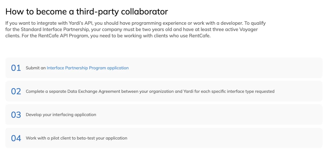 Yardi's Interface Partner Program page, stating that to qualify for the Standard Interface Partnership a company must be two years old and have at least three active Voyager clients, followed by numbered steps including a separate Data Exchange Agreement for each interface type