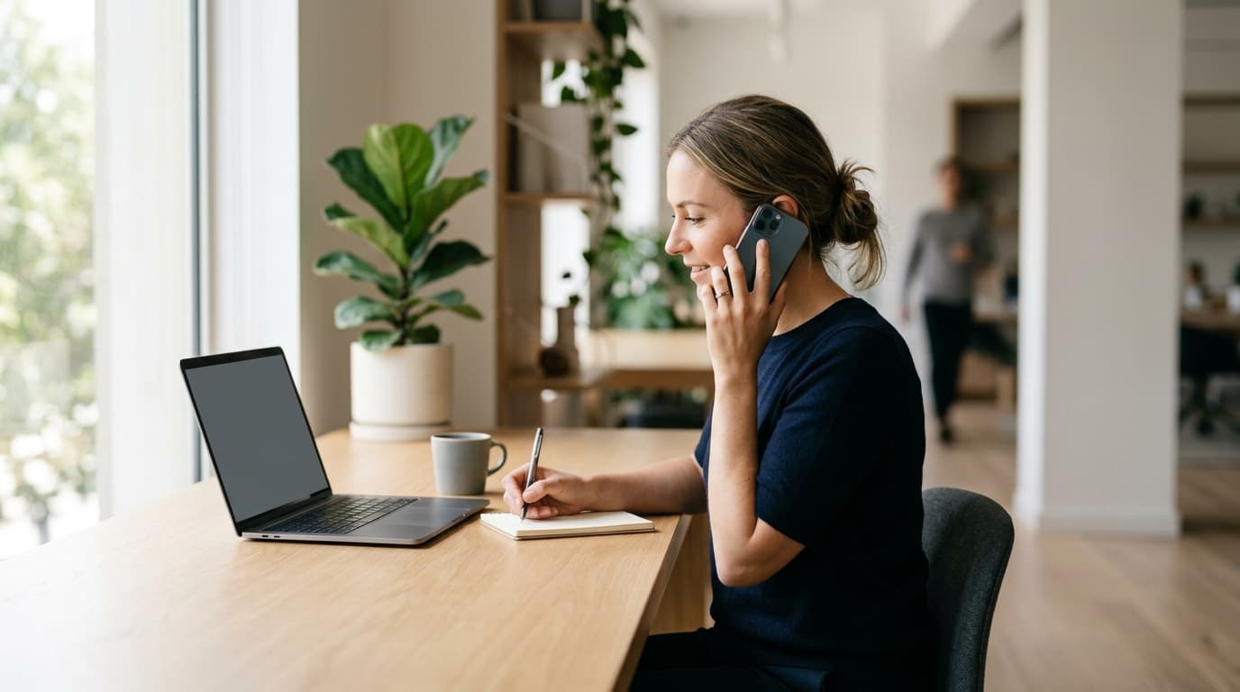 A business owner taking a call while working