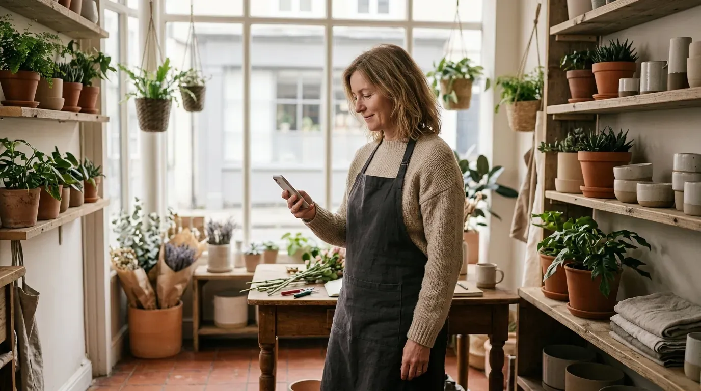 A small business owner smiling after a booking